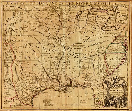 A map drawn by John Senex in 1721. At the top the text reads: “A Map of Louisiana and of the River Mississipi.”