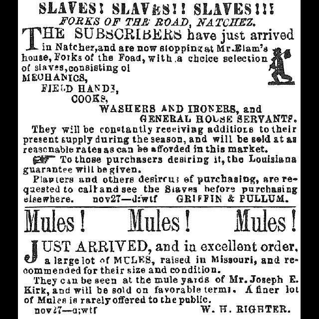 An advertisement for a sale of enslaved people and mules. 