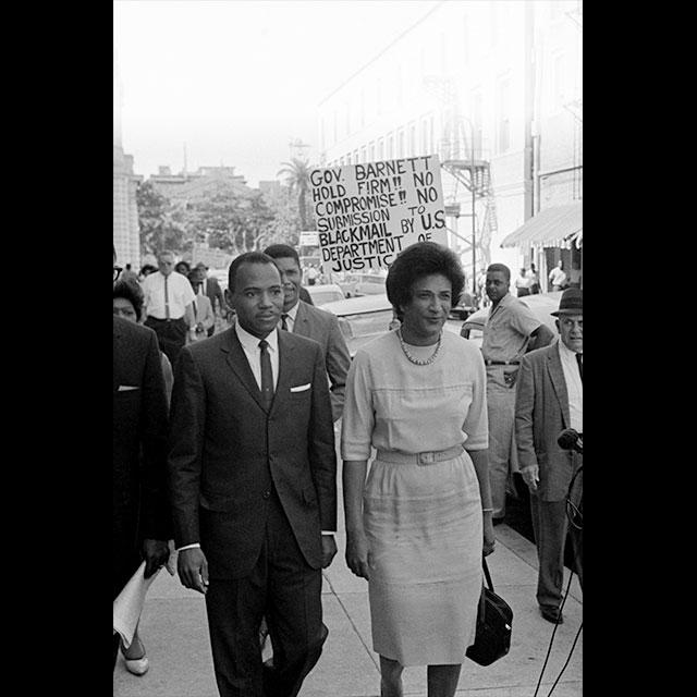 James Meredith walking with attorney Constance Baker Motley leaving the federal court building in New Orleans