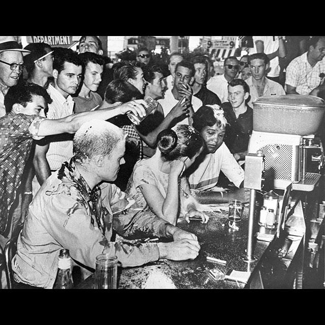 Tougaloo professor John Salter and students Joan Trumpauer and Anne Moody sitting-in at the Woolworth’s lunch counter