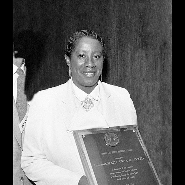 A black and white photograph of Mayorsville Mayor Unita Blackwell