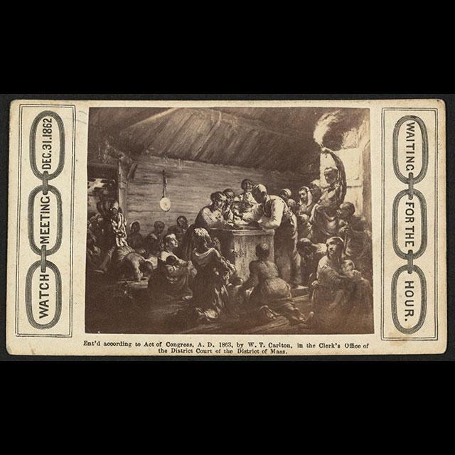 A yellowed drawing of a group of people await the word of emancipation
